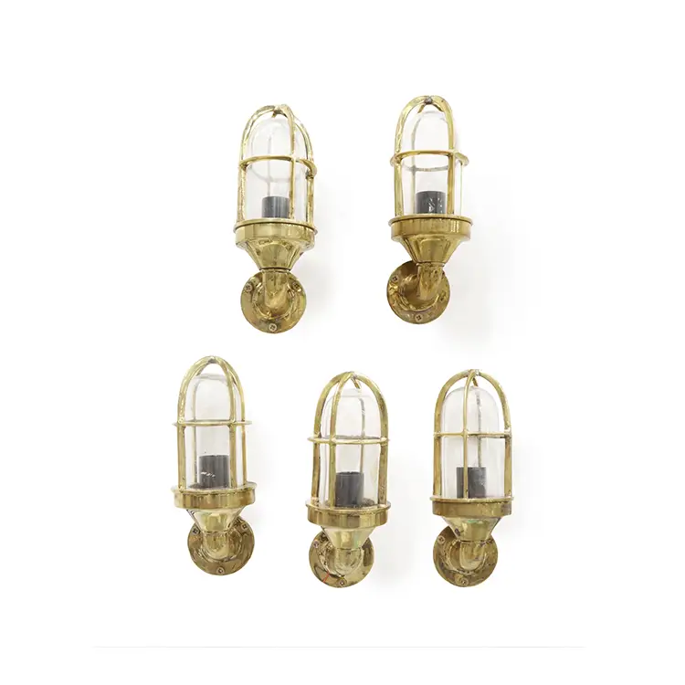 SET OF FIVE BRASS BULKHEAD WALL LIGHTS
