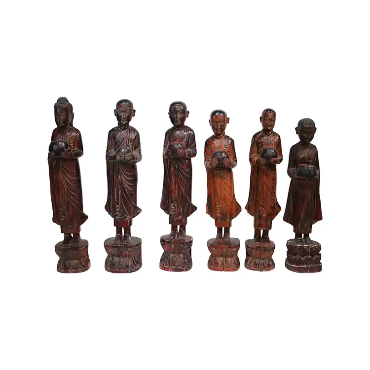 SET OF SIX BURMESE BUDDHIST MONK STATUES